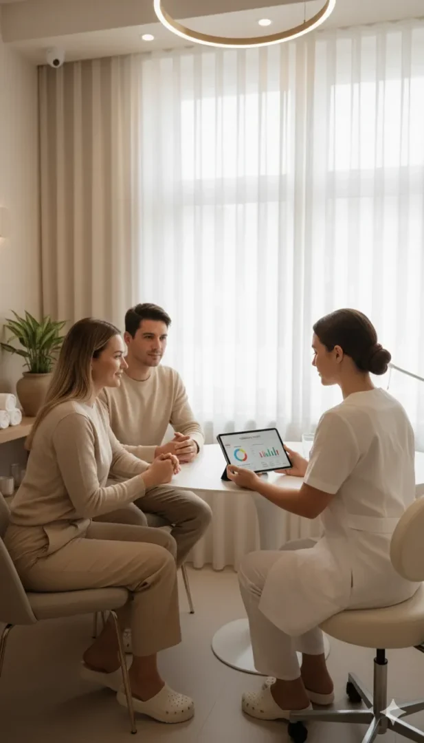 Una profesional de la salud en uniforme blanco muestra datos en una tableta a una pareja sentada en una mesa en una clínica luminosa.