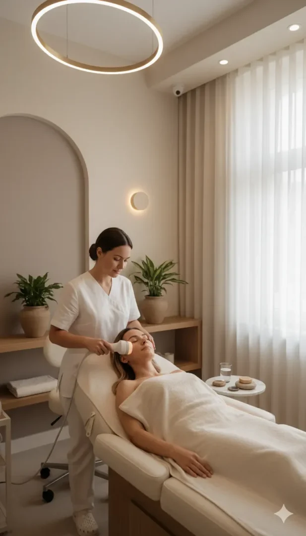 Profesional de estética en uniforme blanco realizando un tratamiento facial con un dispositivo de luz en el rostro de una clienta relajada, acostada en una camilla de spa. La habitación moderna tiene tonos neutros, plantas, estanterías de madera, una lámpara circular de techo y luz natural de una ventana con cortinas transparentes.