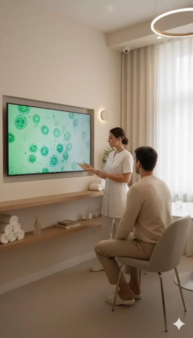 Una profesional con uniforme blanco señala una pantalla grande que muestra células microscópicas verdes, mientras explica algo a un hombre sentado en una sala moderna y luminosa.