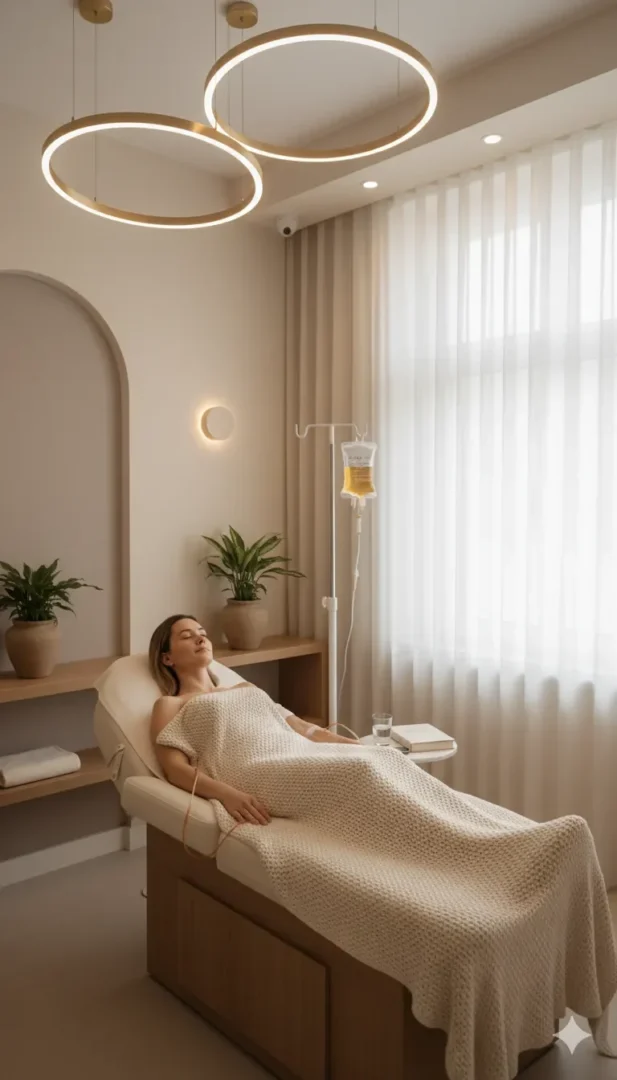 Una mujer recibe una infusión intravenosa mientras se relaja en una camilla en una habitación moderna y serena, con plantas y una iluminación suave.